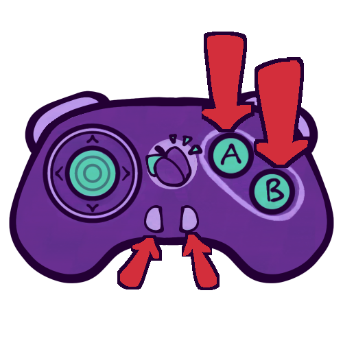 A drawing of a video game controller, with red arrows pointing to its “A,” “B”,” and (presumably) “Start” and “Select” face buttons. The controller doesn’t look like any specific existing brand, but generally looks closer to a “classic” style, or pre-fourth console generation controller. It is mostly a slightly dark purple, with lavender and teal accents. It has an analog stick on the left, a logo of a plum and two small, semi-circle shaped buttons in the middle, and circular “A” and “B” buttons on the right, as well as two visible shoulder buttons, one on each side. The controller has short “thighs” or handles for ergonomics on either side.